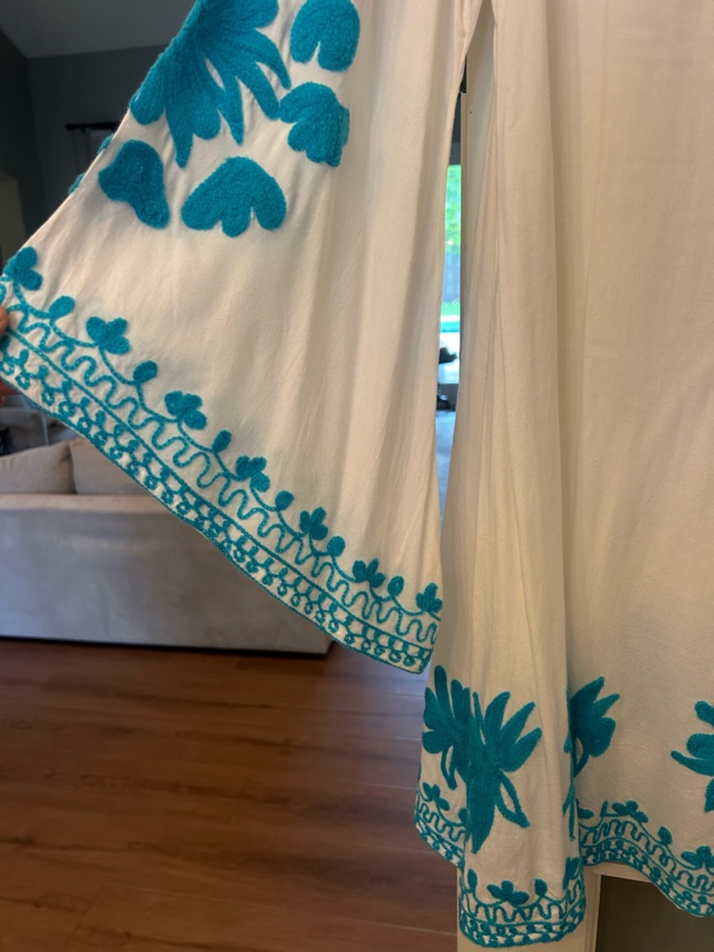 White beach cover up with Teal Embroidered Floral Trim